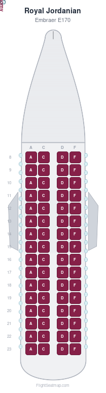 Royal Jordanian Embraer E170 seat map layout showing 1-class configuration with 64 seats