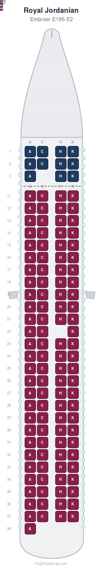 Royal Jordanian Embraer E195-E2 seat map layout showing 2-class configuration with 119 seats