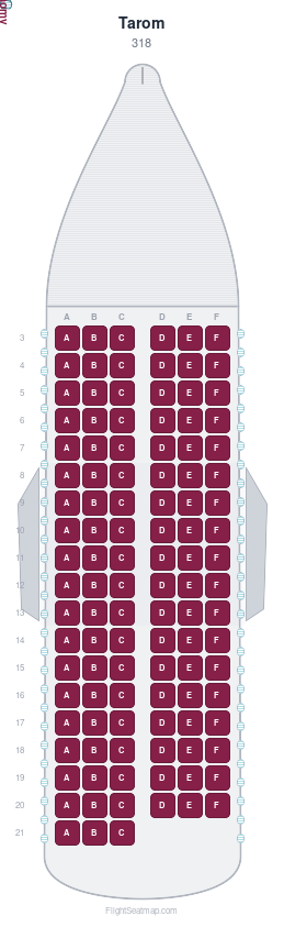 Tarom 318 seat map layout showing 1-class configuration with 111 seats