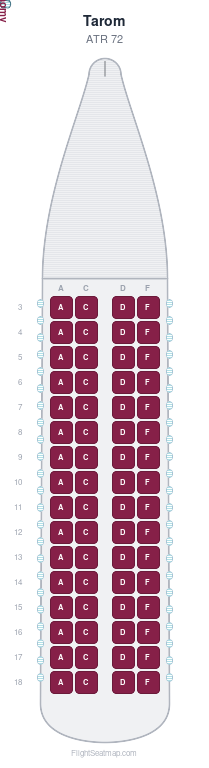 Tarom ATR 72 seat map layout showing 1-class configuration with 64 seats
