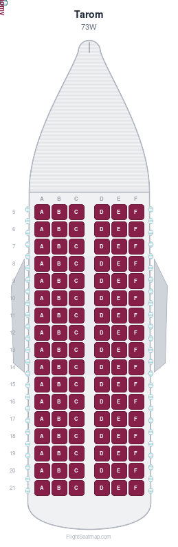 Tarom 73W seat map layout showing 1-class configuration with 102 seats