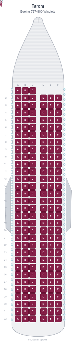 Tarom Boeing 737-800 Winglets seat map layout showing 1-class configuration with 189 seats
