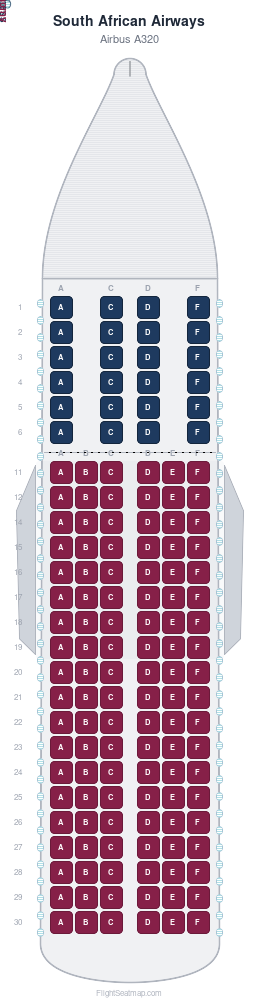 South African Airways Airbus A320 seat map layout showing 2-class configuration with 138 seats