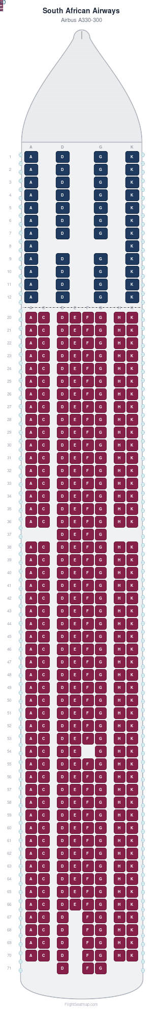 South African Airways Airbus A330-300 seat map layout showing 2-class configuration with 448 seats