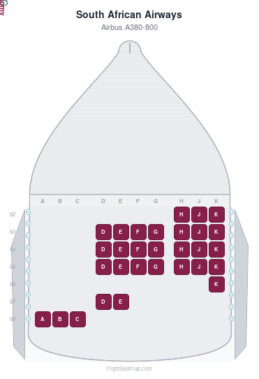 South African Airways Airbus A380-800 seat map layout showing 1-class configuration with 30 seats