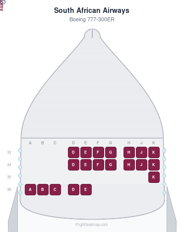 South African Airways Boeing 777-300ER seat map layout showing 1-class configuration with 20 seats