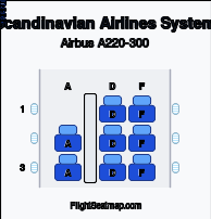 Scandinavian Airlines System Airbus A220-300 seat map layout showing 1-class configuration with 8 seats