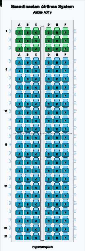 Scandinavian Airlines System Airbus A319 seat map layout showing 2-class configuration with 150 seats