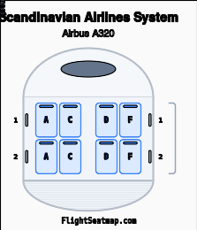 Scandinavian Airlines System Airbus A320 seat map layout showing 1-class configuration with 8 seats