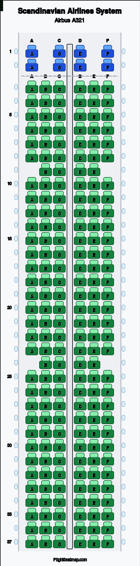 Scandinavian Airlines System Airbus A321 seat map layout showing 2-class configuration with 208 seats