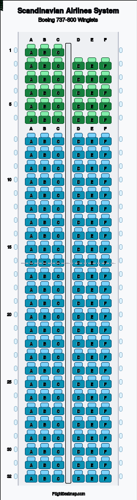 Scandinavian Airlines System Boeing 737-800 Winglets seat map layout showing 2-class configuration with 189 seats