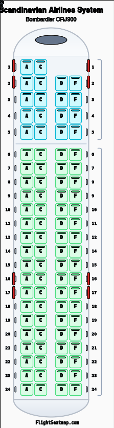 Scandinavian Airlines System Bombardier CRJ900 seat map layout showing 2-class configuration with 90 seats
