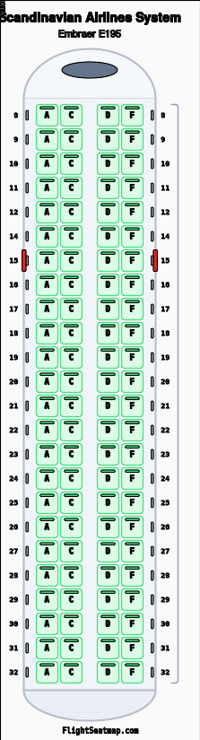 Scandinavian Airlines System Embraer E195 seat map layout showing 1-class configuration with 96 seats