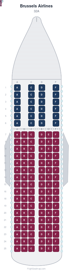 Brussels Airlines 32A seat map layout showing 2-class configuration with 126 seats