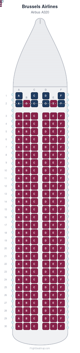Brussels Airlines Airbus A320 seat map layout showing 2-class configuration with 178 seats
