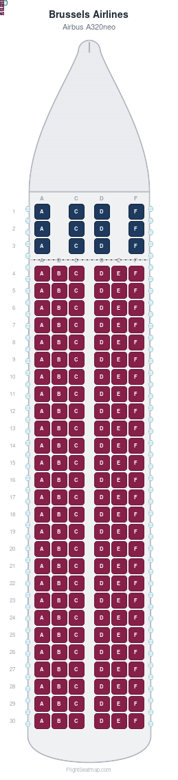 Brussels Airlines Airbus A320neo seat map layout showing 2-class configuration with 174 seats