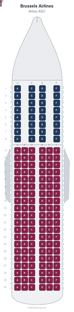 Brussels Airlines Airbus A321 seat map layout showing 2-class configuration with 152 seats