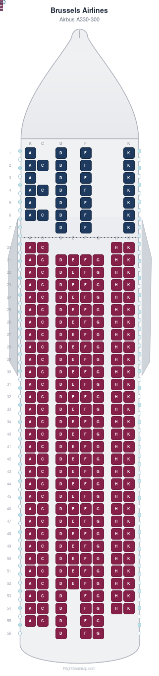 Brussels Airlines Airbus A330-300 seat map layout showing 2-class configuration with 272 seats