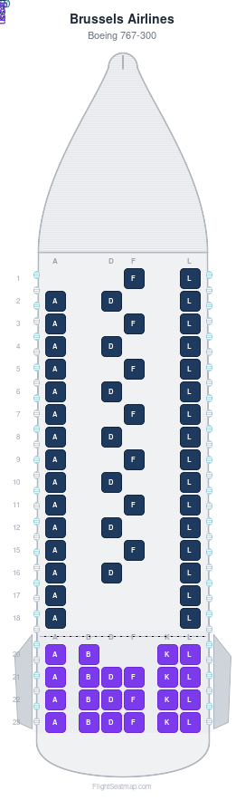 Brussels Airlines Boeing 767-300 seat map layout showing 2-class configuration with 67 seats