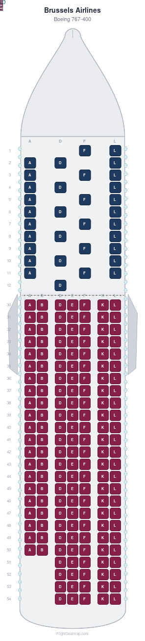 Brussels Airlines Boeing 767-400 seat map layout showing 2-class configuration with 200 seats