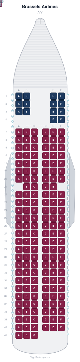 Brussels Airlines 777 seat map layout showing 2-class configuration with 171 seats