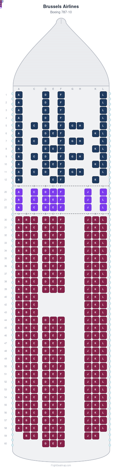 Brussels Airlines Boeing 787-10 seat map layout showing 3-class configuration with 340 seats