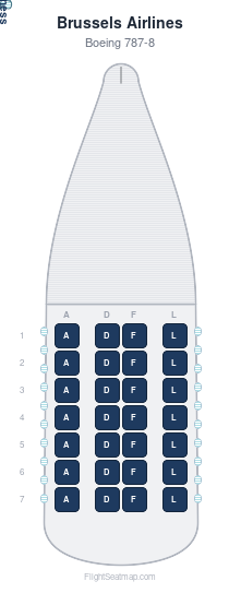 Brussels Airlines Boeing 787-8 seat map layout showing 1-class configuration with 28 seats