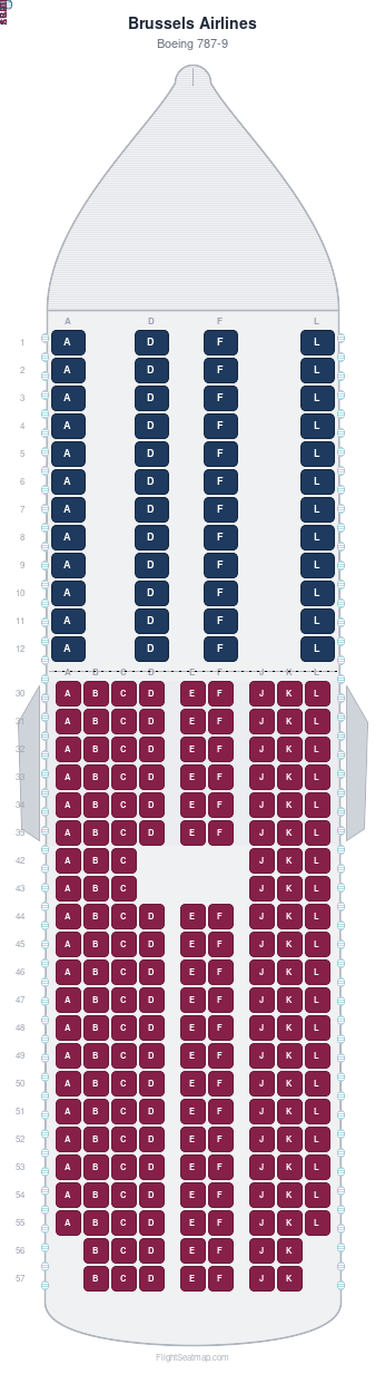 Brussels Airlines Boeing 787-9 seat map layout showing 2-class configuration with 236 seats