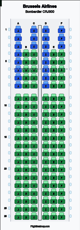 Brussels Airlines Bombardier CRJ900 seat map layout showing 2-class configuration with 138 seats