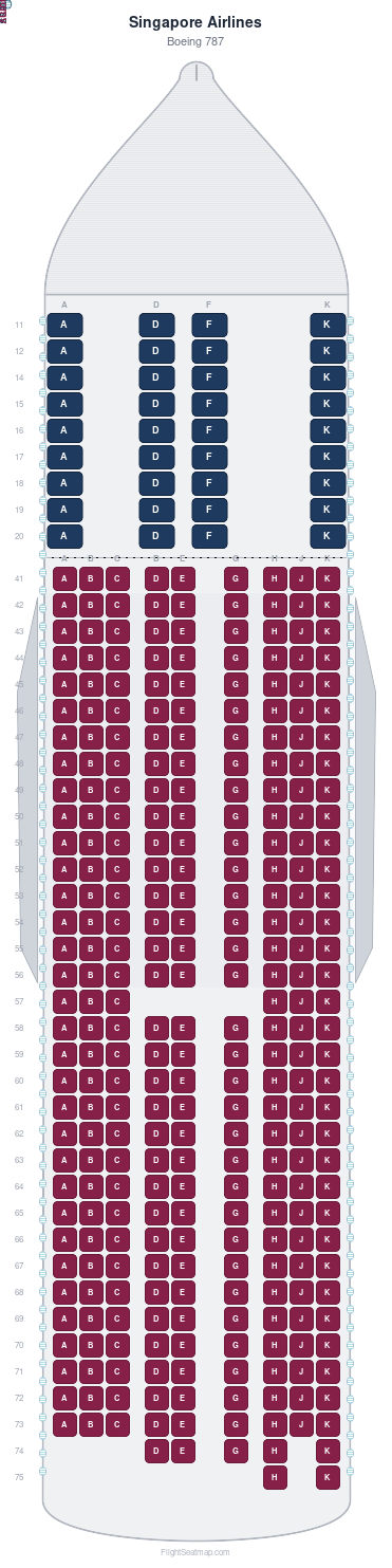 Singapore Airlines Boeing 787 seat map layout for flight SQ850 from SIN to CAN