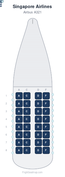 Singapore Airlines Airbus A321 seat map layout showing 1-class configuration with 32 seats
