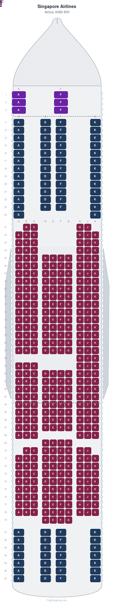 Singapore Airlines Airbus A380-800 seat map layout for flight SQ221 from SIN to SYD