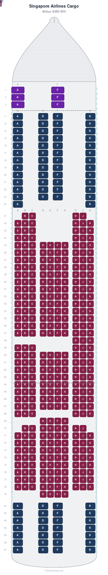Singapore Airlines Cargo Airbus A380-800 seat map layout for flight SQ406 from SIN to DEL
