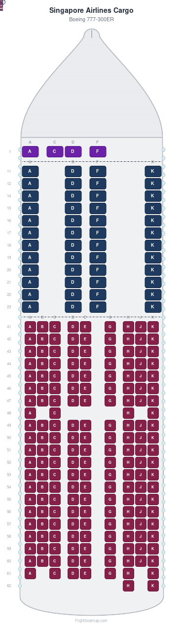 Singapore Airlines Cargo Boeing 777-300ER seat map layout showing 3-class configuration with 236 seats