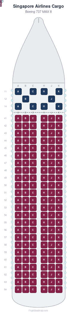 Singapore Airlines Cargo Boeing 737 MAX 8 seat map layout showing 2-class configuration with 154 seats
