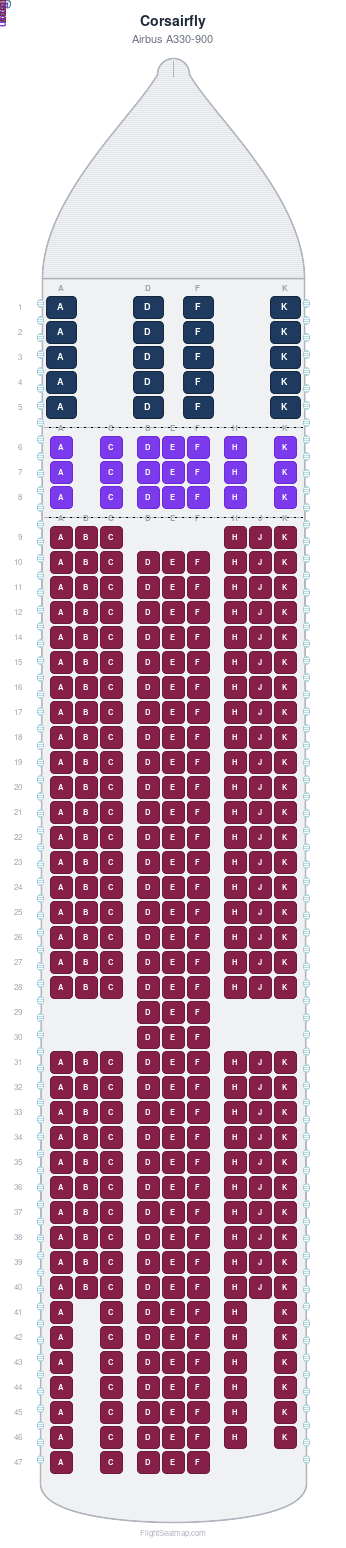Corsairfly Airbus A330-900 seat map layout for flight SS925 from FDF to ORY