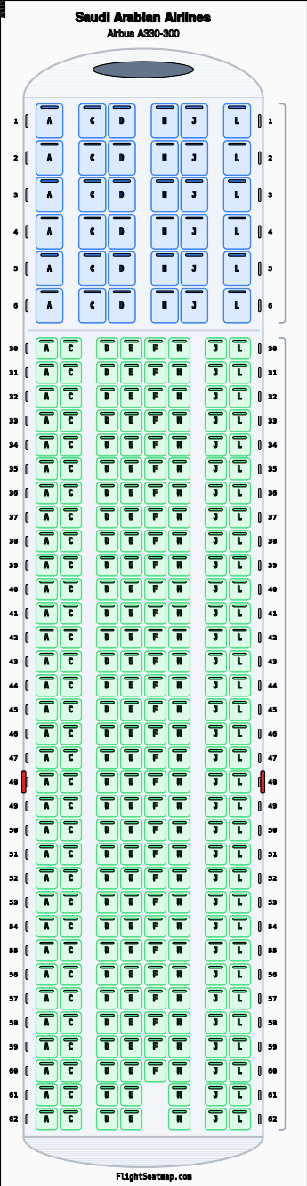 Saudi Arabian Airlines Airbus A330-300 seat map layout showing 2-class configuration with 298 seats