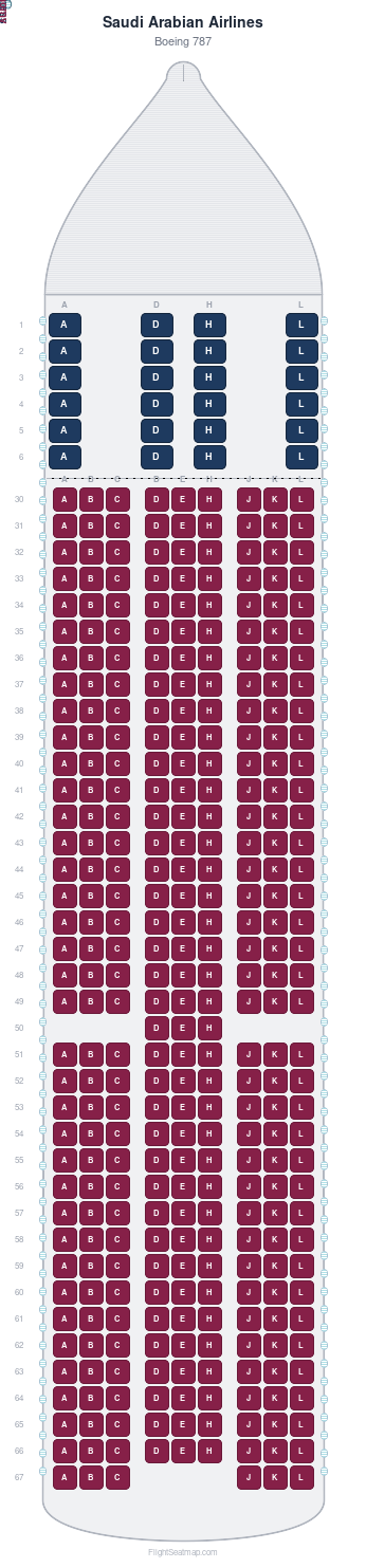 Saudi Arabian Airlines Boeing 787 seat map layout showing 2-class configuration with 357 seats