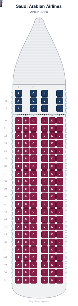 Saudi Arabian Airlines Airbus A320 seat map layout for flight SV175 from JED to MUC