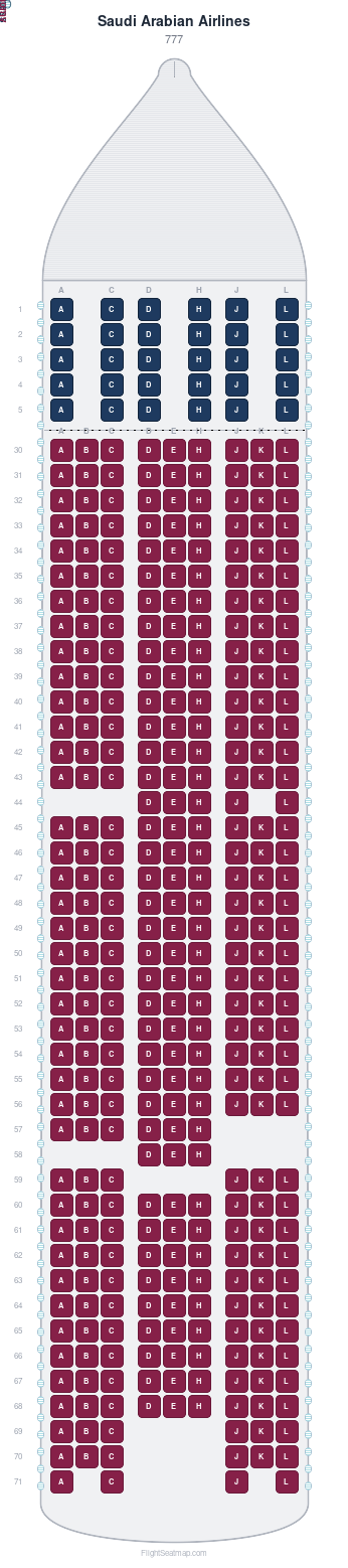 Saudi Arabian Airlines 777 seat map layout for flight SV798 from MED to DAC