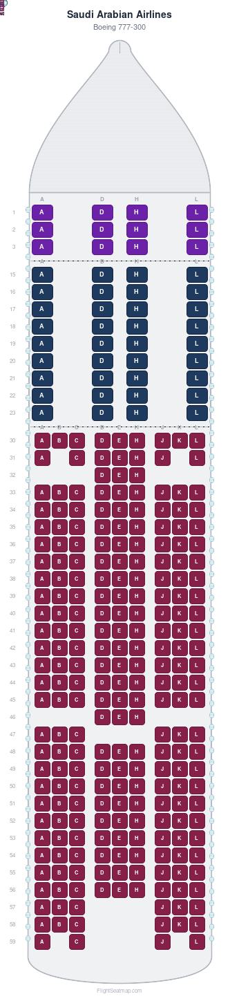 Saudi Arabian Airlines Boeing 777-300 seat map layout for flight SV818 from JED to CGK
