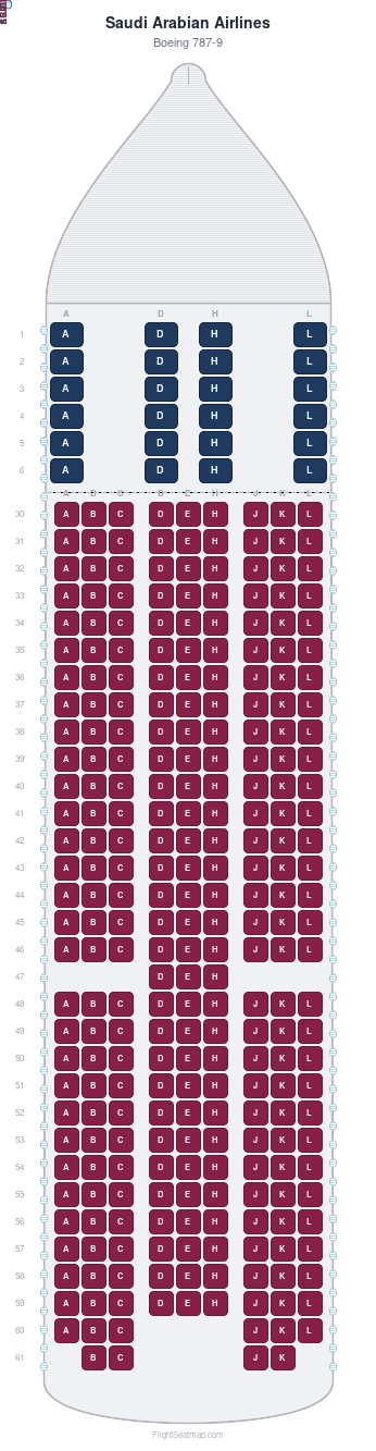 Saudi Arabian Airlines Boeing 787-9 seat map layout for flight SV857 from DPS to JED