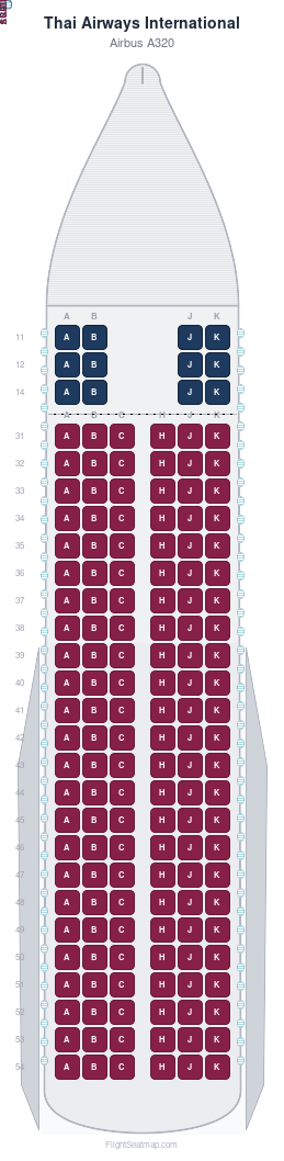 Thai Airways International Airbus A320 seat map layout showing 2-class configuration with 156 seats