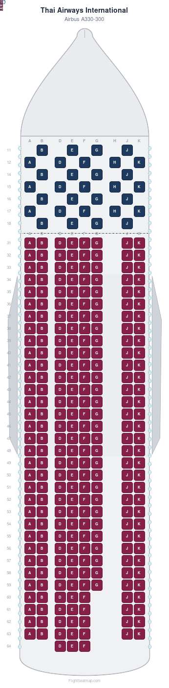 Thai Airways International Airbus A330-300 seat map layout for flight TG322 from DAC to BKK