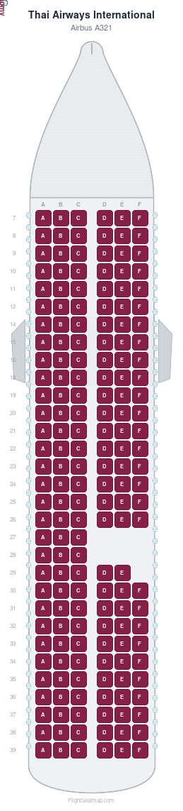 Thai Airways International Airbus A321 seat map layout showing 1-class configuration with 179 seats