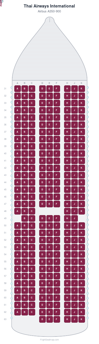 Thai Airways International Airbus A350-900 seat map layout for flight TG466 from MEL to BKK
