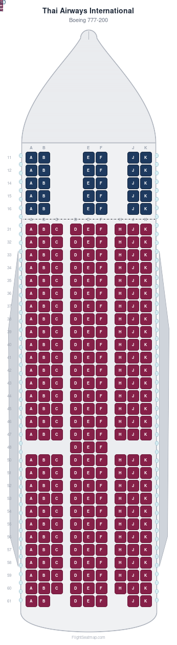 Thai Airways International Boeing 777-200 seat map layout showing 2-class configuration with 292 seats