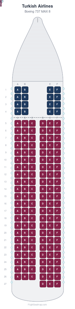 Turkish Airlines Boeing 737 MAX 8 seat map layout showing 2-class configuration with 151 seats