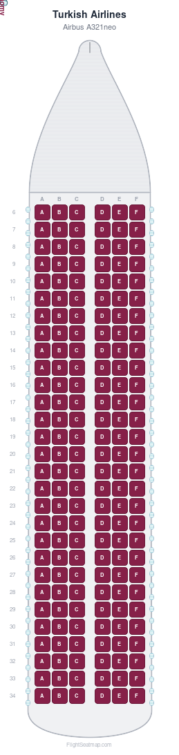 Turkish Airlines Airbus A321neo seat map layout for flight TK1303 from IST to AGP