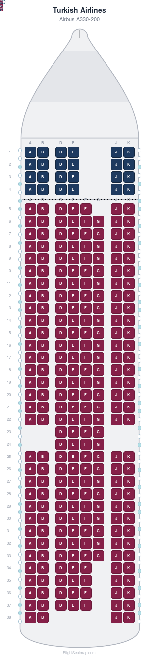 Turkish Airlines Airbus A330-200 seat map layout showing 2-class configuration with 279 seats